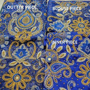 Royal Blue Net & Taffeta George Wrapper with Gold Rhinestone 3 Piece, 6 Yards